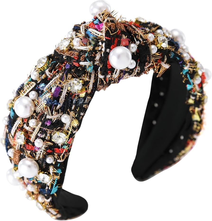 Pearl Rhinestone Tweed Headband for Women Sparkle Luxury Plaid Knotted Headband Wide Vintage Ladi... | Amazon (US)