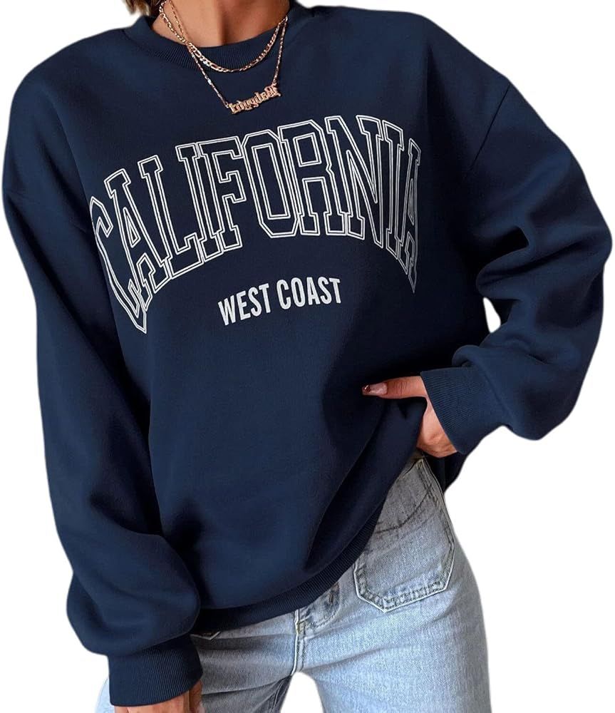 Women Oversized California Letter Graphic Fleece Sweatshirt Long Sleeve Crewneck Drop Shoulder Pu... | Amazon (US)