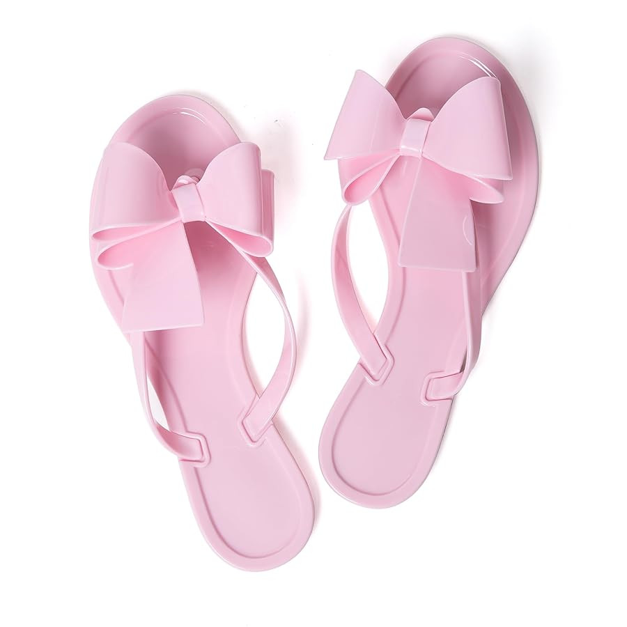 Mtzyoa Women Flip-Flops Flat Sandals Jelly Bow Beach Flat Rivets Rain Cute Dressy Summer Sandals | Amazon (US)