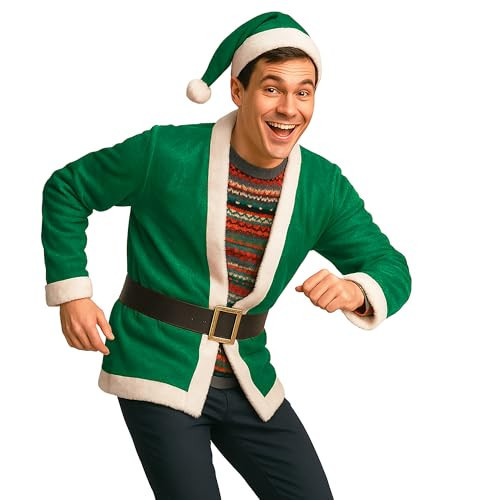 Sunnywood Party Santa Costume Green Jacket, Unisex Christmas Jacket, Hat & Belt Set, Fun Holiday Outfit for Xmas Parties, Santacon, Bar Crawls | Amazon (US)