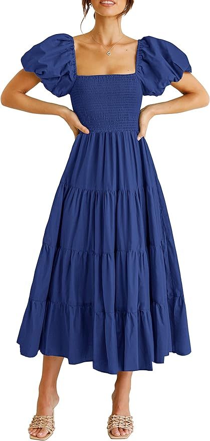 CFLONGE Women's 2024 Summer Casual Boho Beach Dress Square Neck Puff Sleeve High Waist Ruffle Flo... | Amazon (US)