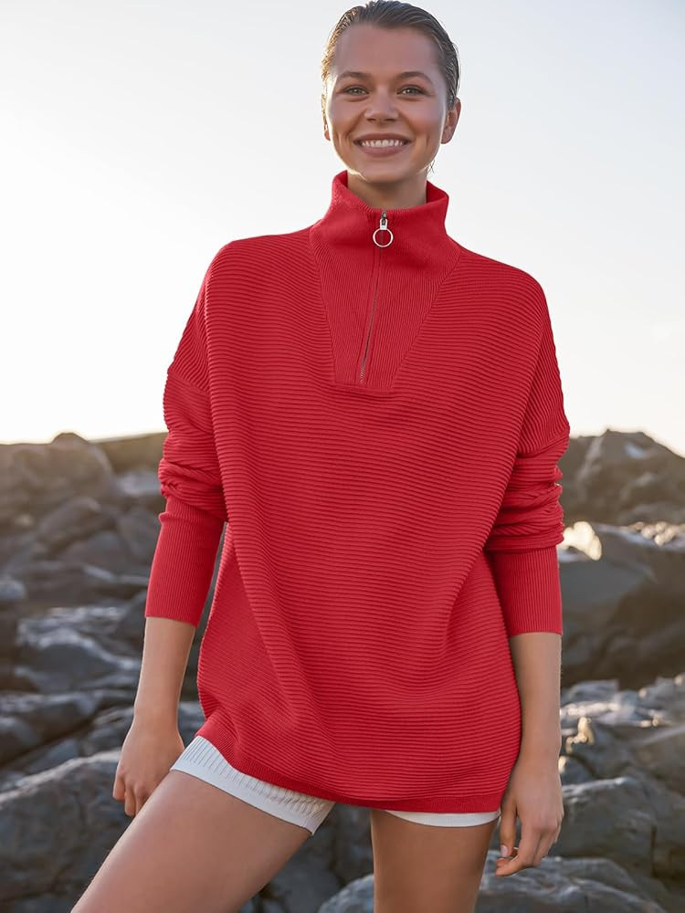 ANRABESS Women Quarter Zip Oversized Casual Loose Rib Knit Cozy Pullover Sweaters Top 2025 Fall F... | Amazon (US)