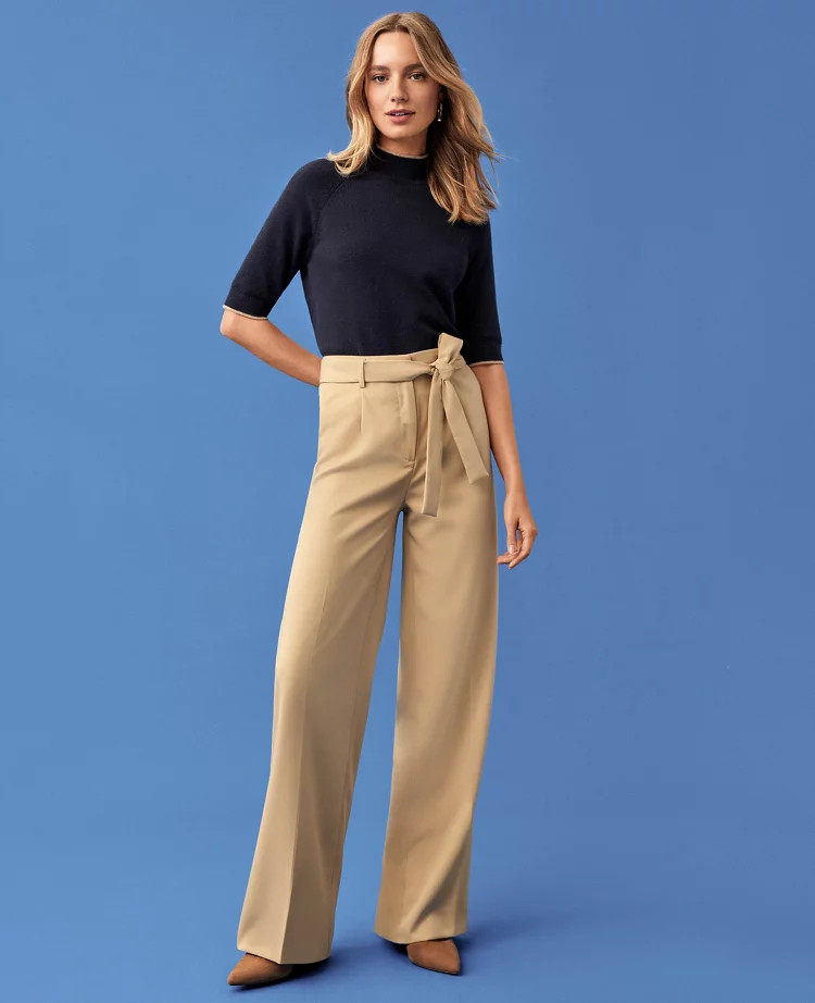 The High Rise Tie Waist Wide Leg Pant in Soft Twill | Ann Taylor (US)