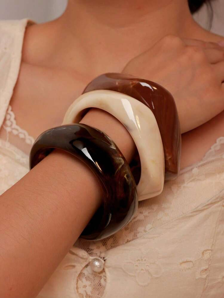 3pcs Chocolate Color Retro Acrylic Bangle Set, Elegant Minimalist Dye Bracelet Combination, Can Be Worn Stacked Or Individually, Suitable For Daily Wear And Vacation | SHEIN | SHEIN