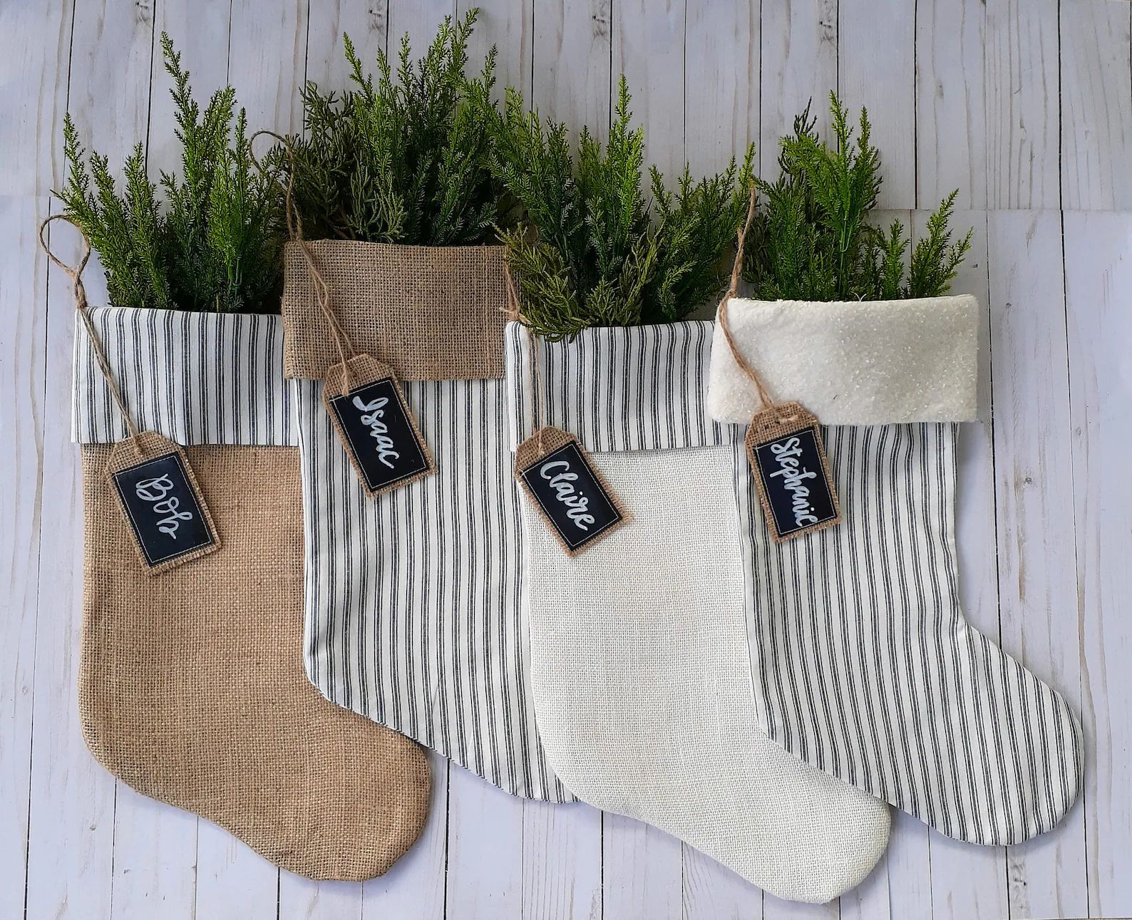 Farmhouse Christmas Stockings, Navy Blue Striped Ticking and Burlap, Personalized | Etsy (US)