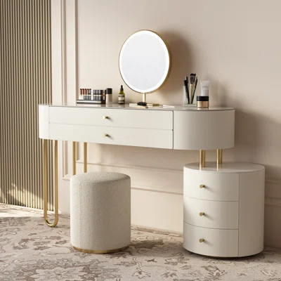 Jahnea Vanity-Elegant Set: Saddle Leather-Finished Slate Top Vanity Table & Stool, Stainless Steel Support, Reversible Installation, and Dimmable LED | Wayfair North America
