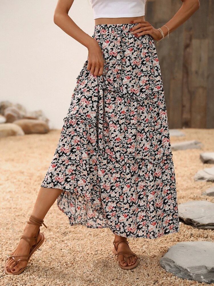 Allover Floral Print Frill Trim Skirt | SHEIN