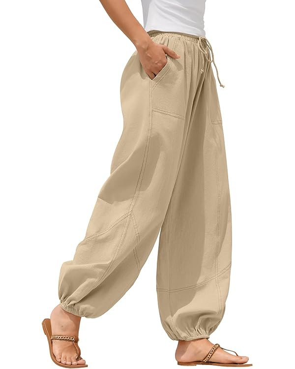 ZAFUL Women Casual Linen Pants Lightweight Drawstring Elastic Waist Lounge Beach Summer Pants wit... | Amazon (US)