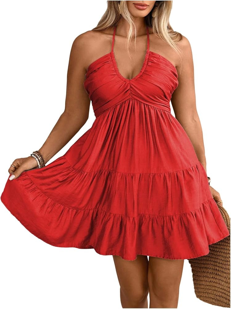 OYOANGLE Women's Plus Size Sleeveless Short Tiered Halter Dress Ruched Tie Back A Line Sundress | Amazon (US)