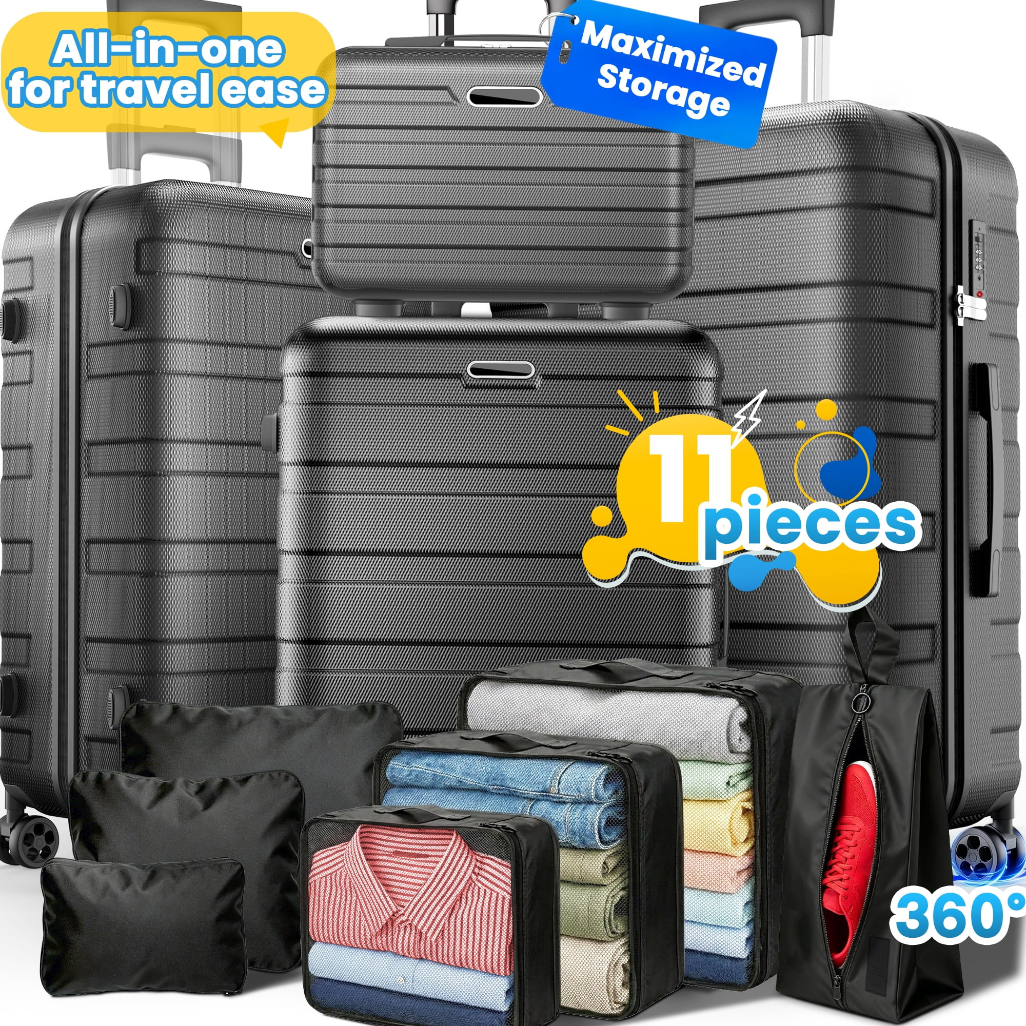 11Pcs Hardshell Luggage Set, Lightweight Suitcases w/ Spinner Wheels, Carry on Luggage, Black | Walmart (US)