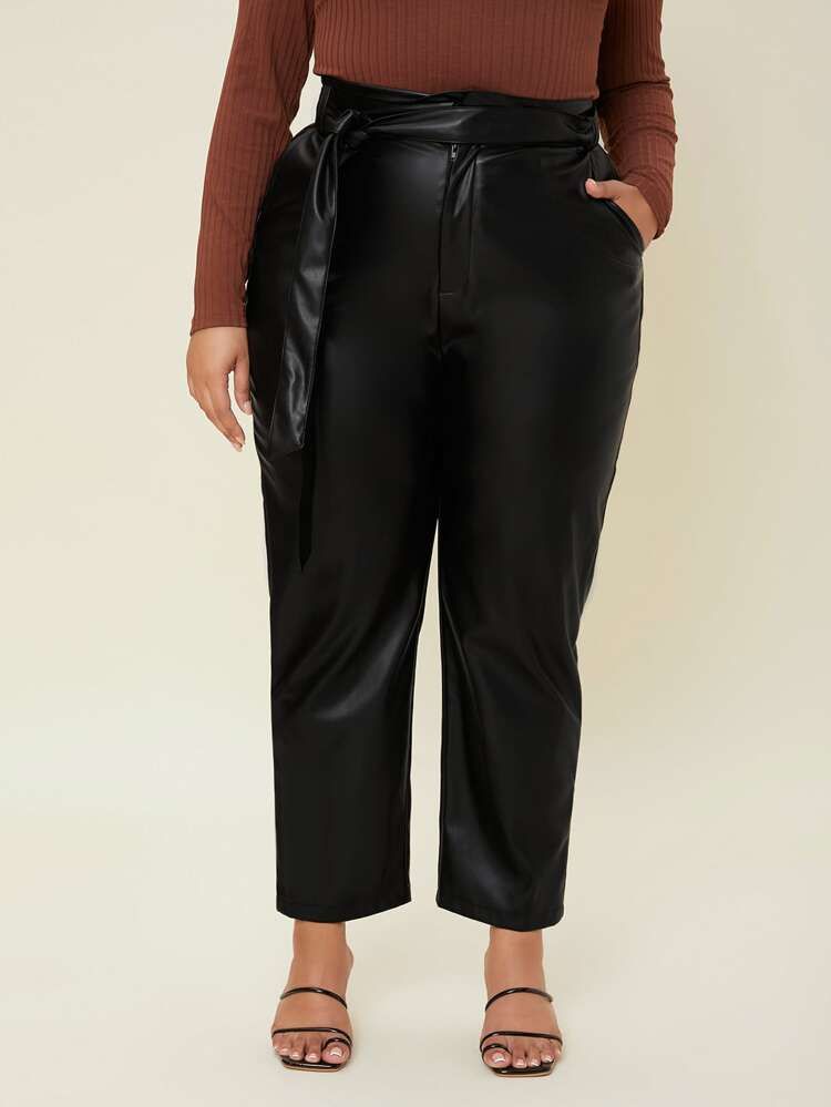 SHEIN BASICS Plus High Waist Belted PU Leather Pants | SHEIN