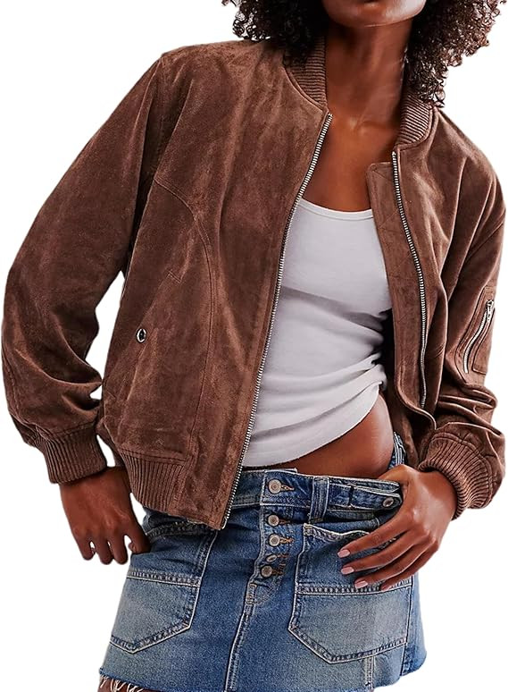Mingzhu Womens Faux Suede Bomber Jacket Ribbed Collar Zip Up Leather Cropped Jacket Fashion Coat ... | Amazon (US)