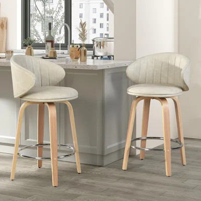 Set Of 2 Mid-Century Modern Bentwood Swivel Bar Stools With Back, Faux Leather Upholstered, Beige | Wayfair North America
