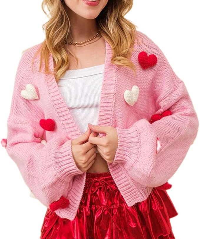 Women Cute Heart Print Cardigan Valentine’s Day Love Heart Button Front Sweater Long Sleeve Kni... | Amazon (US)