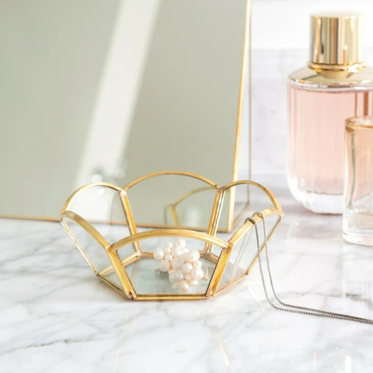 Brass and Glass Gold 4.4" Tabletop Trinket Tray with Decorative Petals - Walmart.com | Walmart (US)