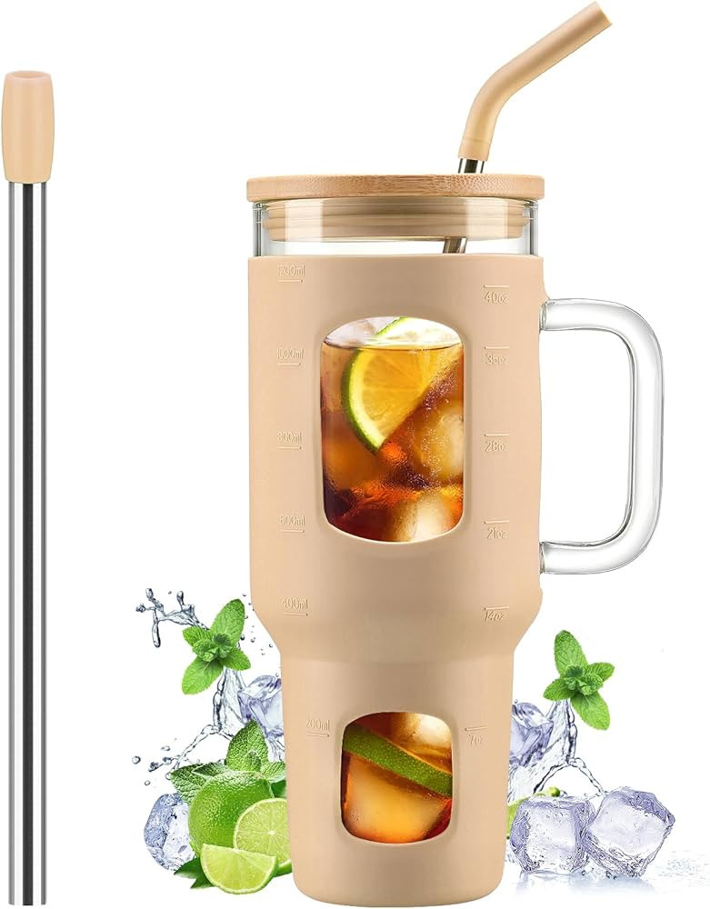 Glass Tumbler with Straw and Lid, 40 oz glass cup with handle, Glass Water Bottles with Time Mark... | Amazon (US)