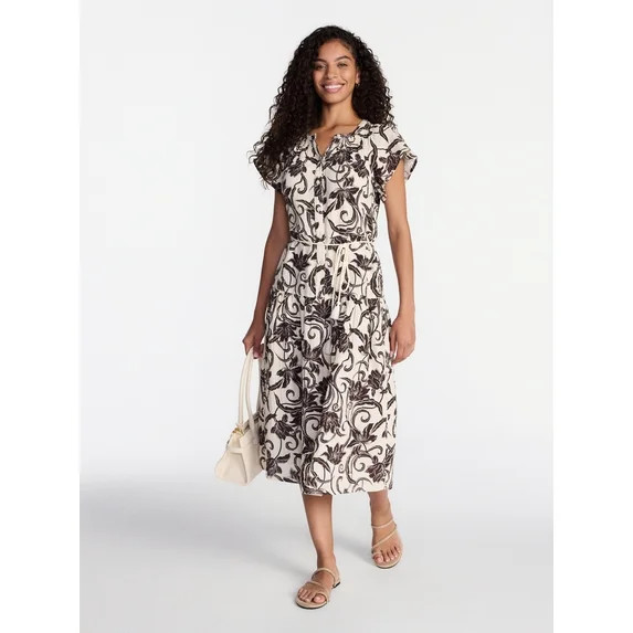 Time and Tru Women's Double Cloth Midi Dress, Sizes XS-XXXL | Walmart (US)