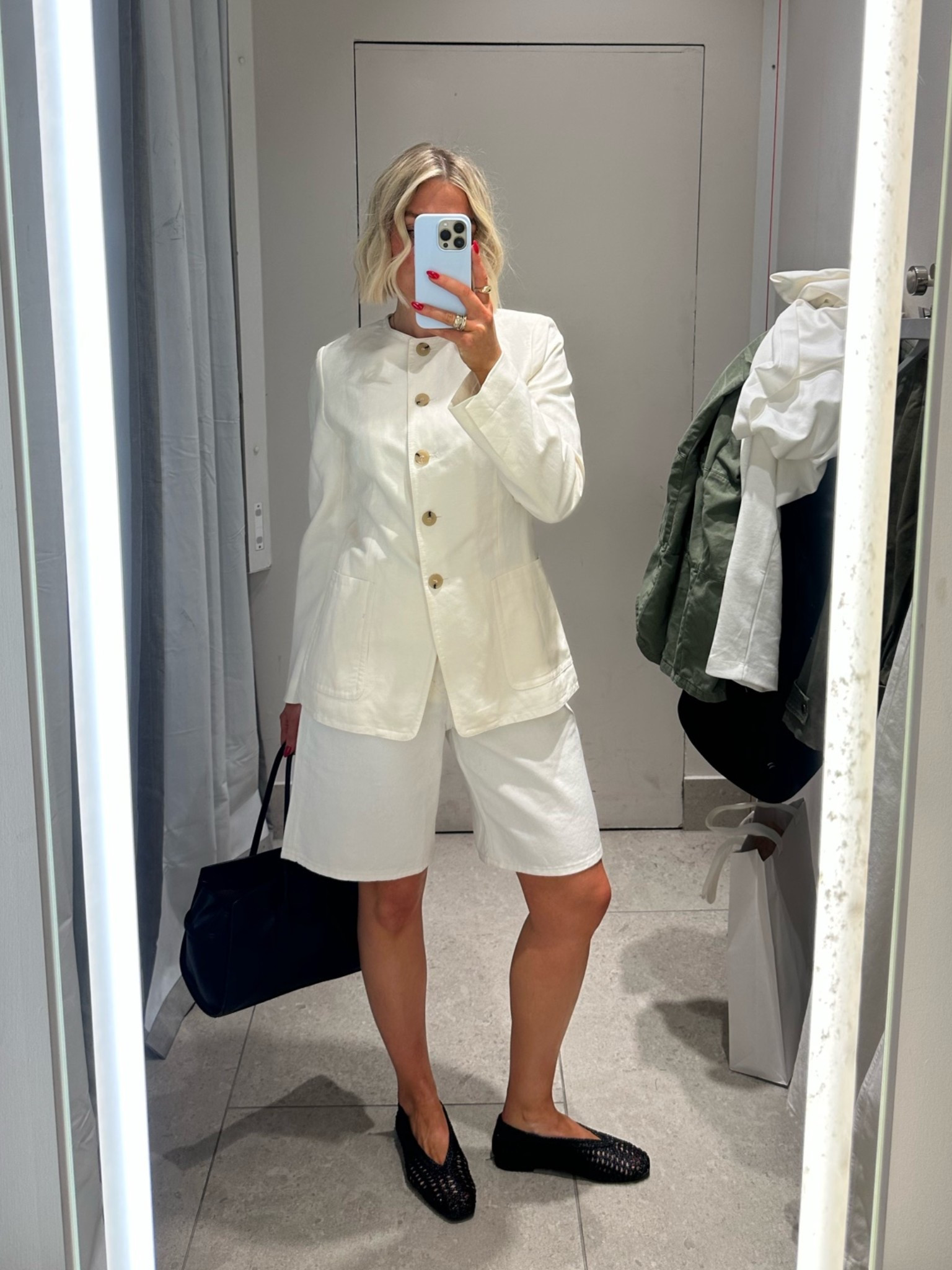 White Bermuda shorts 
White linen blazer 
Black braided ballet flats

#LTKgrwm #LTKootd #LTKSeasonal