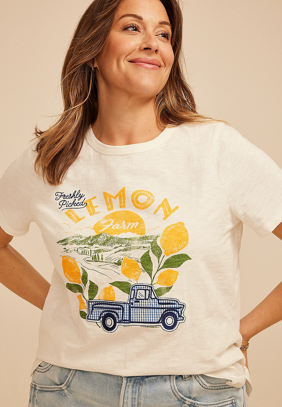 Plus Size Gingham Lemon Farm Embroidered Classic Fit Graphic Tee | Maurices
