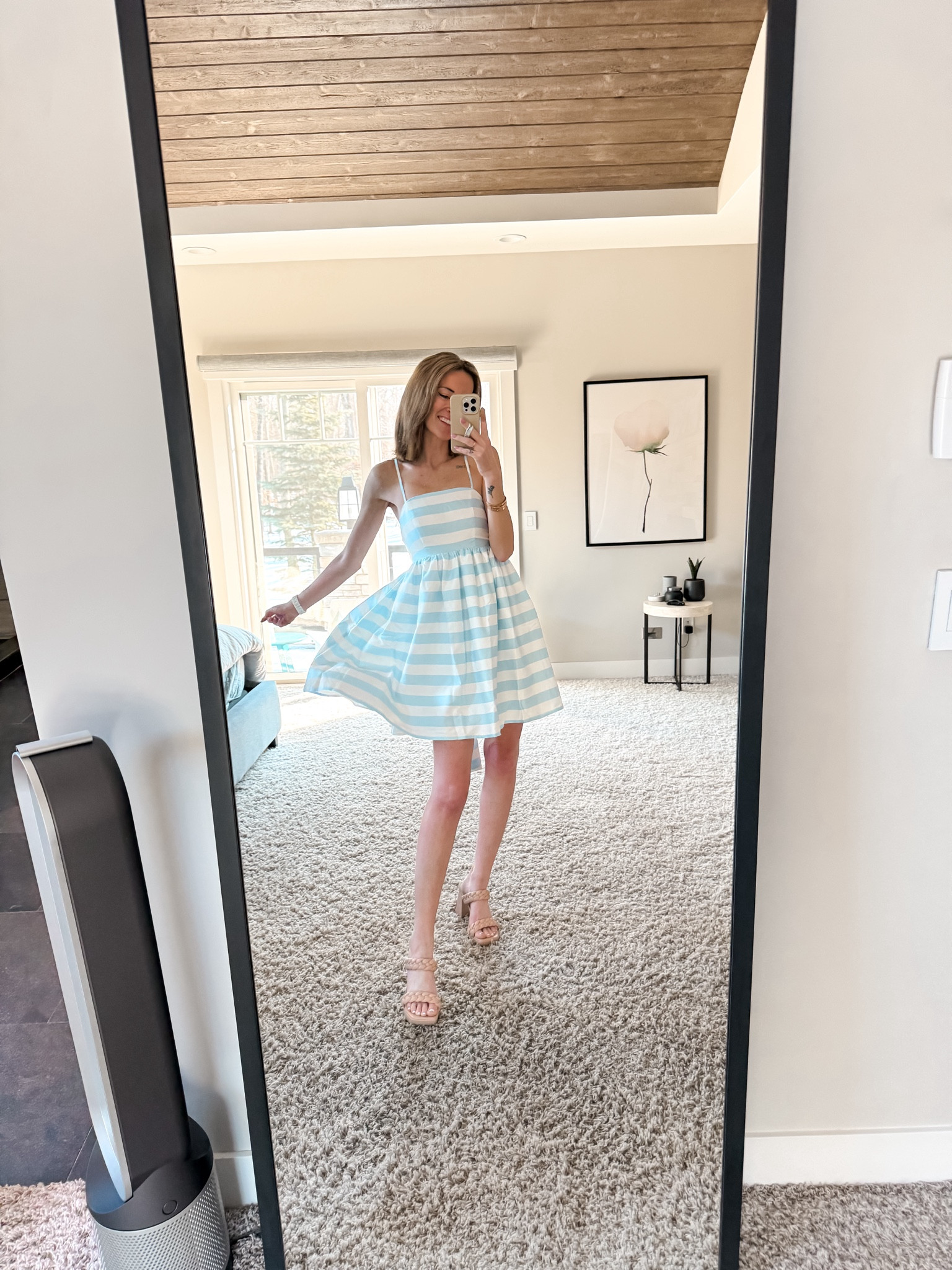 Red dress boutique  outfits for spring and wedding season
Blue stripe baby doll dress with bow tie in back is so cute for Easter brunch or mass at church! Wear to a gender reveal party or a baby shower! 