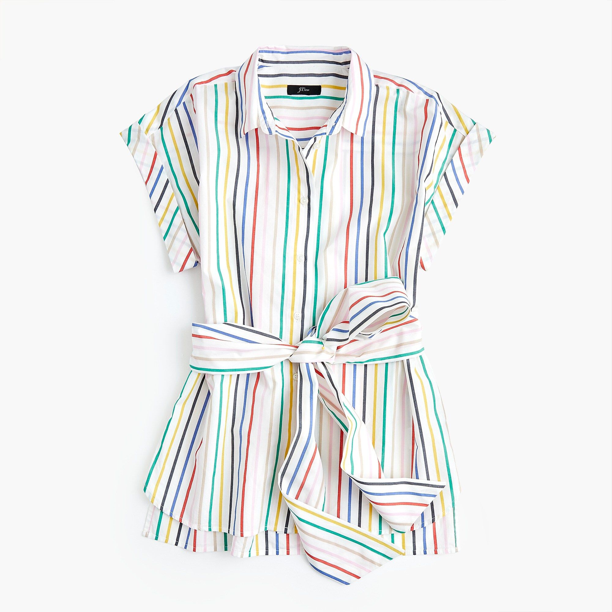 Button-front tie-waist top in rainbow mini stripe cotton poplin | J.Crew US