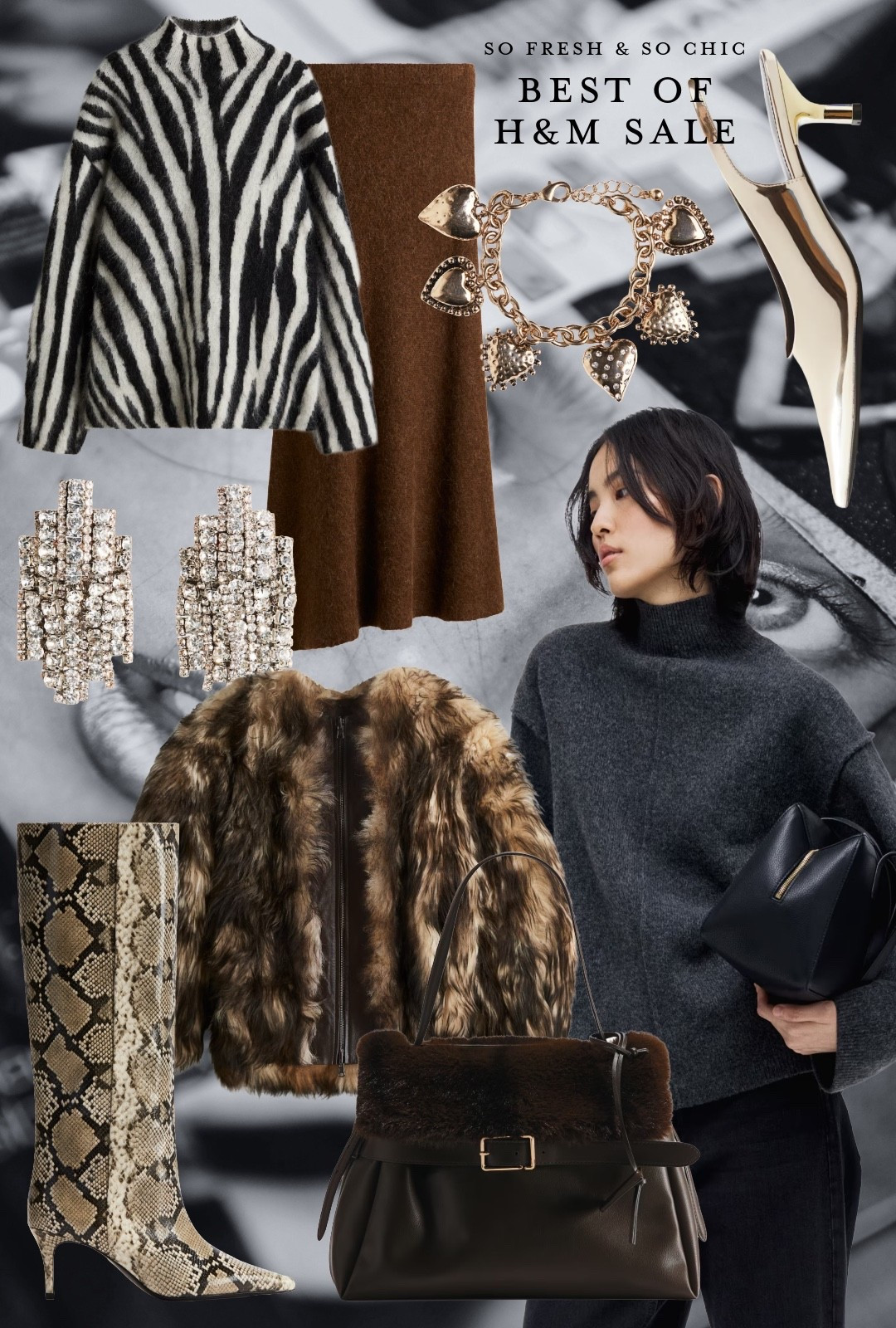 Best of H&M Black Friday sale! Elevated, chic finds perfect for the holidays. 
/
Holiday dressing - h&m sale - Black Friday women’s clothing sale - fur coat - chunky sweater - snake print knee high boots - metallic gold slingback kitten heels - zebra print sweater - alpaca mini skirt - sparkly crystal earrings - rhinestone earring - heart charm bracelet - neutral holiday dressing - neutral holiday clothes - affordable holiday dressing - office Christmas party outfit - low-key holiday outfit- vegan leather and full fur shoulder bag - things that look expensive but are not 

#LTKSaleAlert #LTKHoliday #LTKFindsUnder100