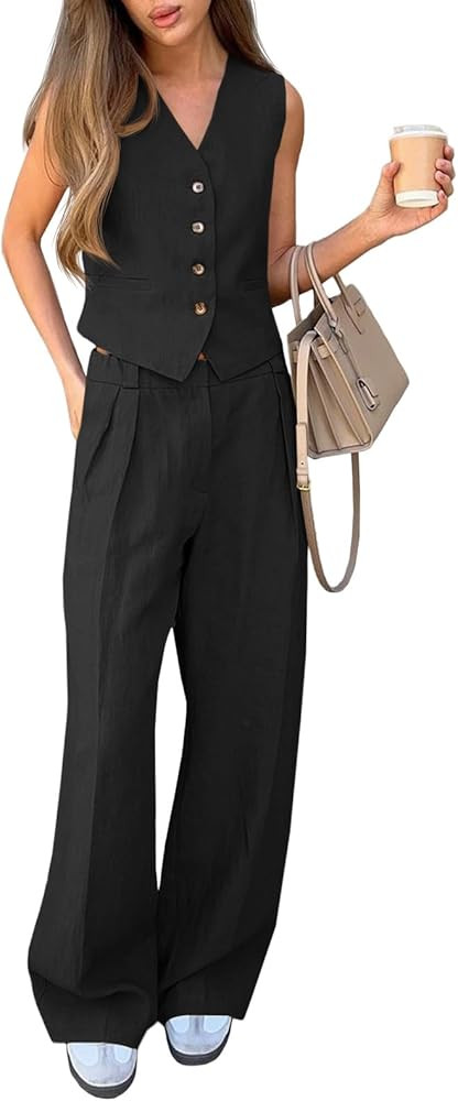 Cicy Bell Women's 2 Piece Outfits V Neck Crop Vest Blazer and Wide Leg Suit Pants Sets | Amazon (US)