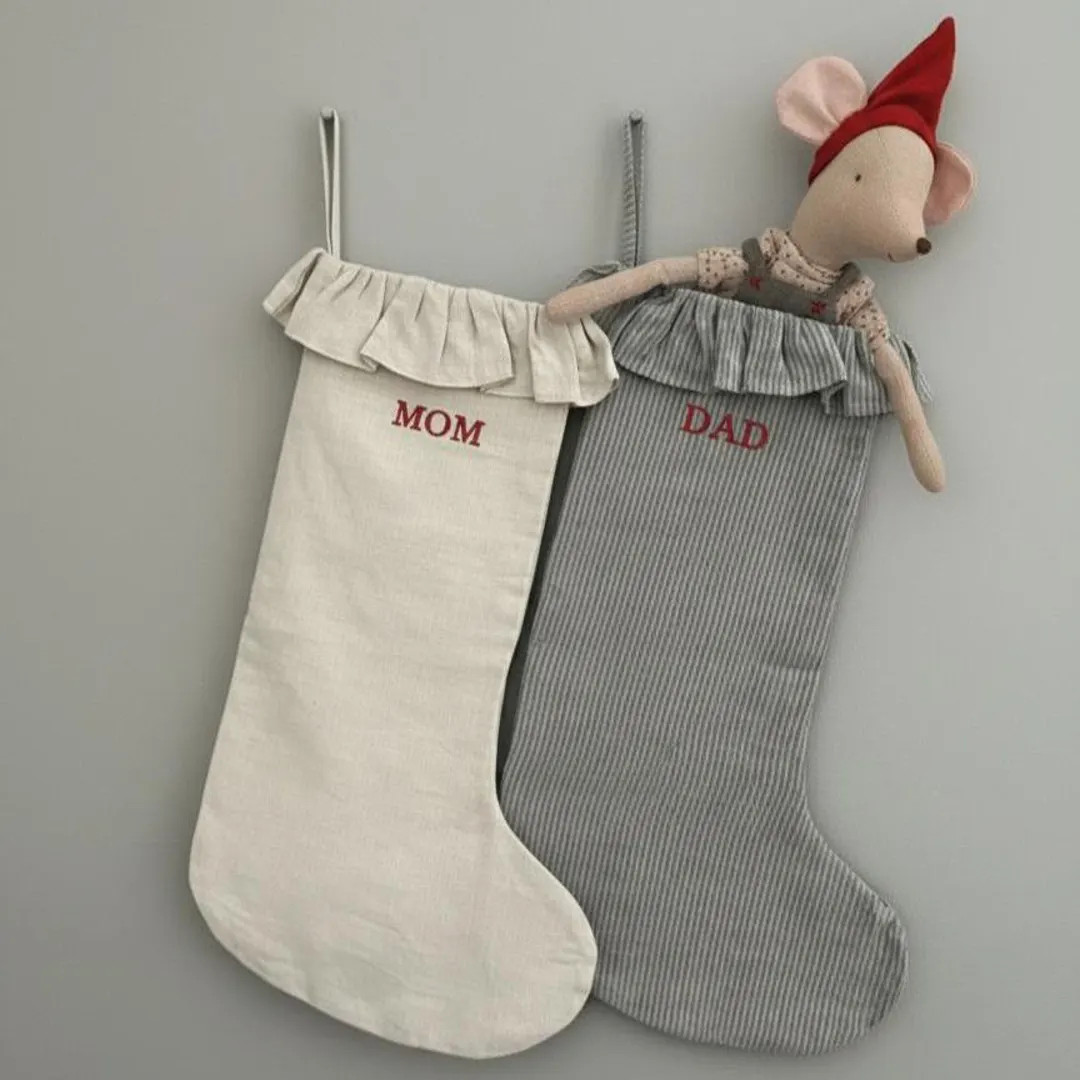 Custom Linen Family Stocking with ruffles, Handmade Holiday Stocking, Christmas Family Gift, Kids... | Etsy (US)