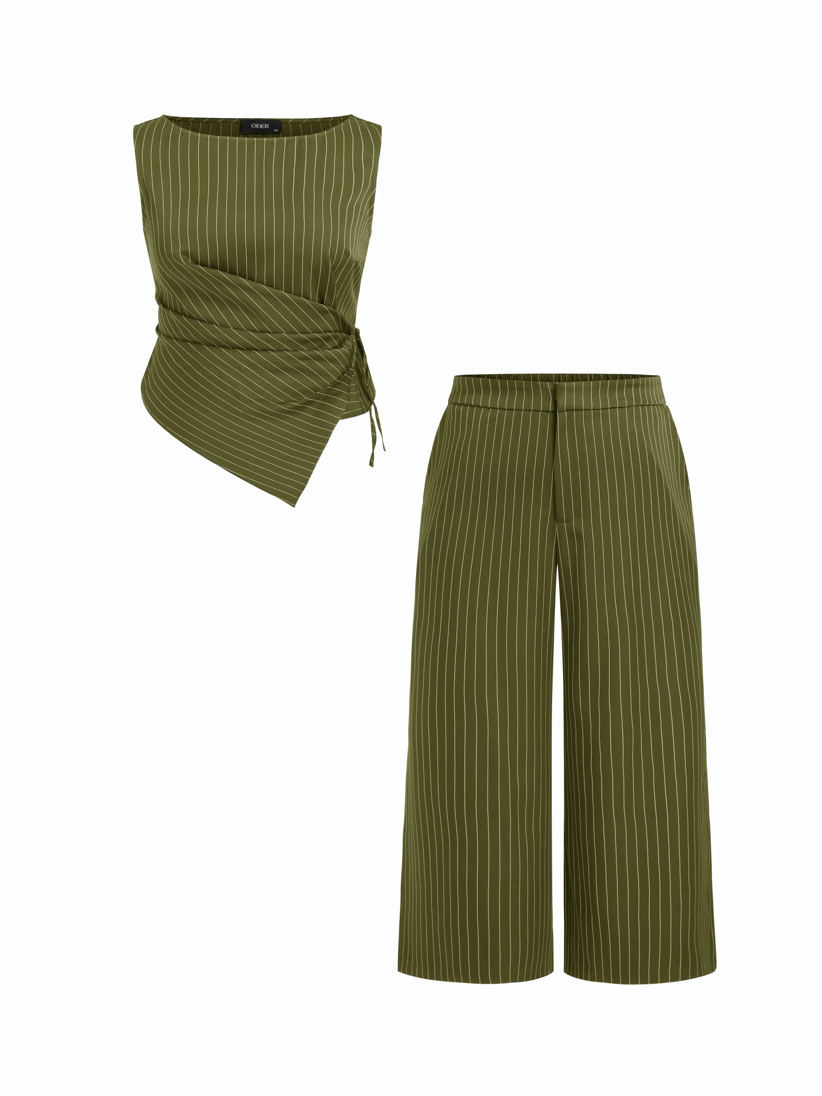 Boat Neck Striped Wrap Knotted Top & Mid Rise Wide Leg Trousers Set Curve & Plus | Cider