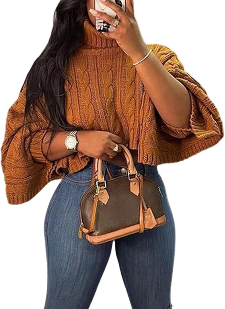 Women's Knitted Turtleneck Solid Cape Sweater Casual Batwing Sleeve High Neck Cropped Pullover Ju... | Amazon (US)