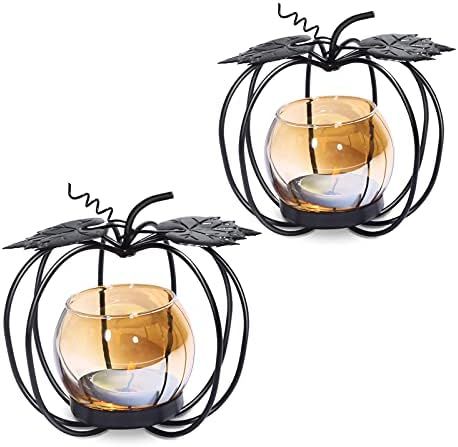Pumpkin Glass Votive Candle Holder, Set of 2, Decorative Matte Black Iron Tea Light Candle Holder... | Amazon (US)