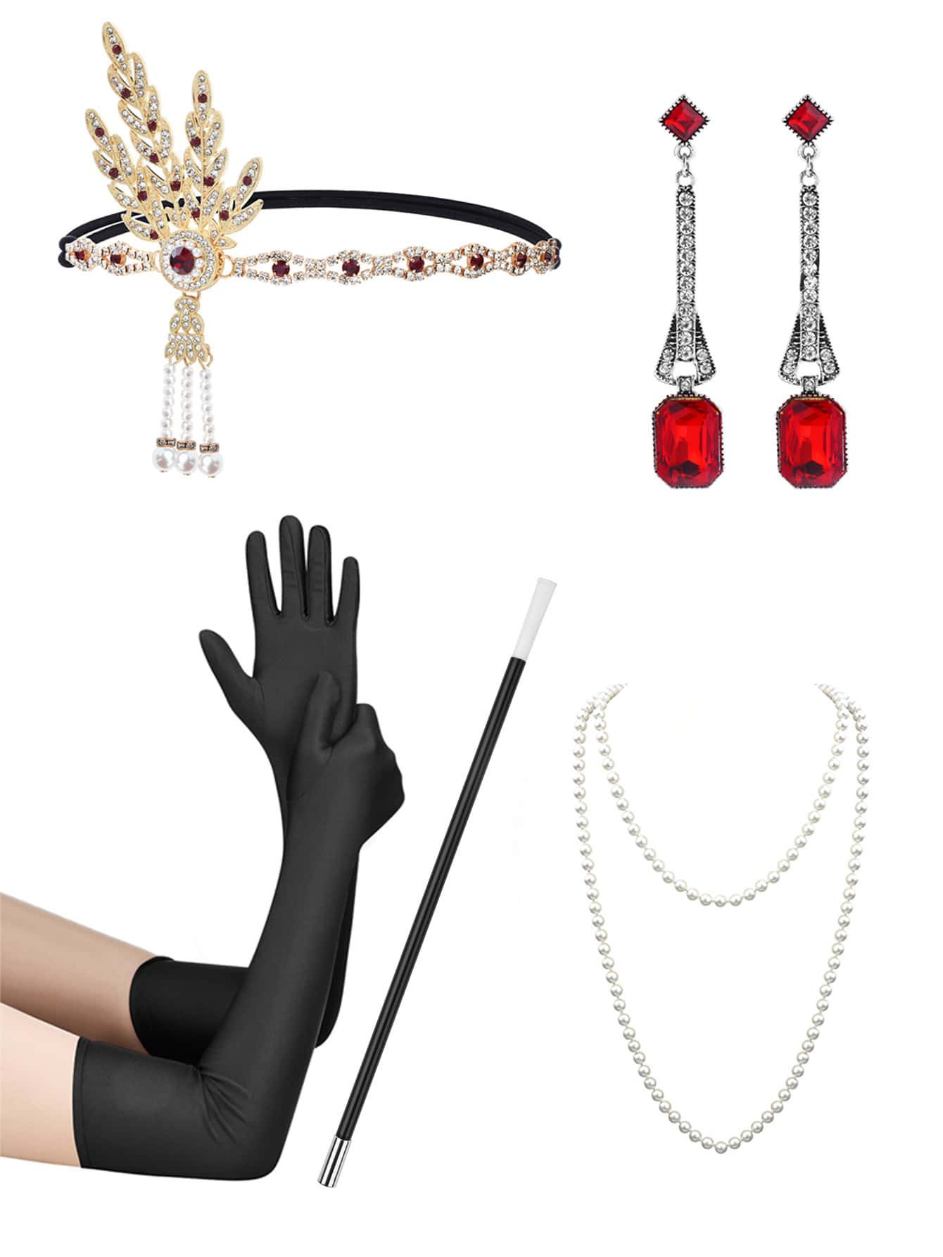 8pcs 1920s Headwear & Accessories Set, Including Feather Headband, Pearl Bracelet, Earrings, Glov... | SHEIN