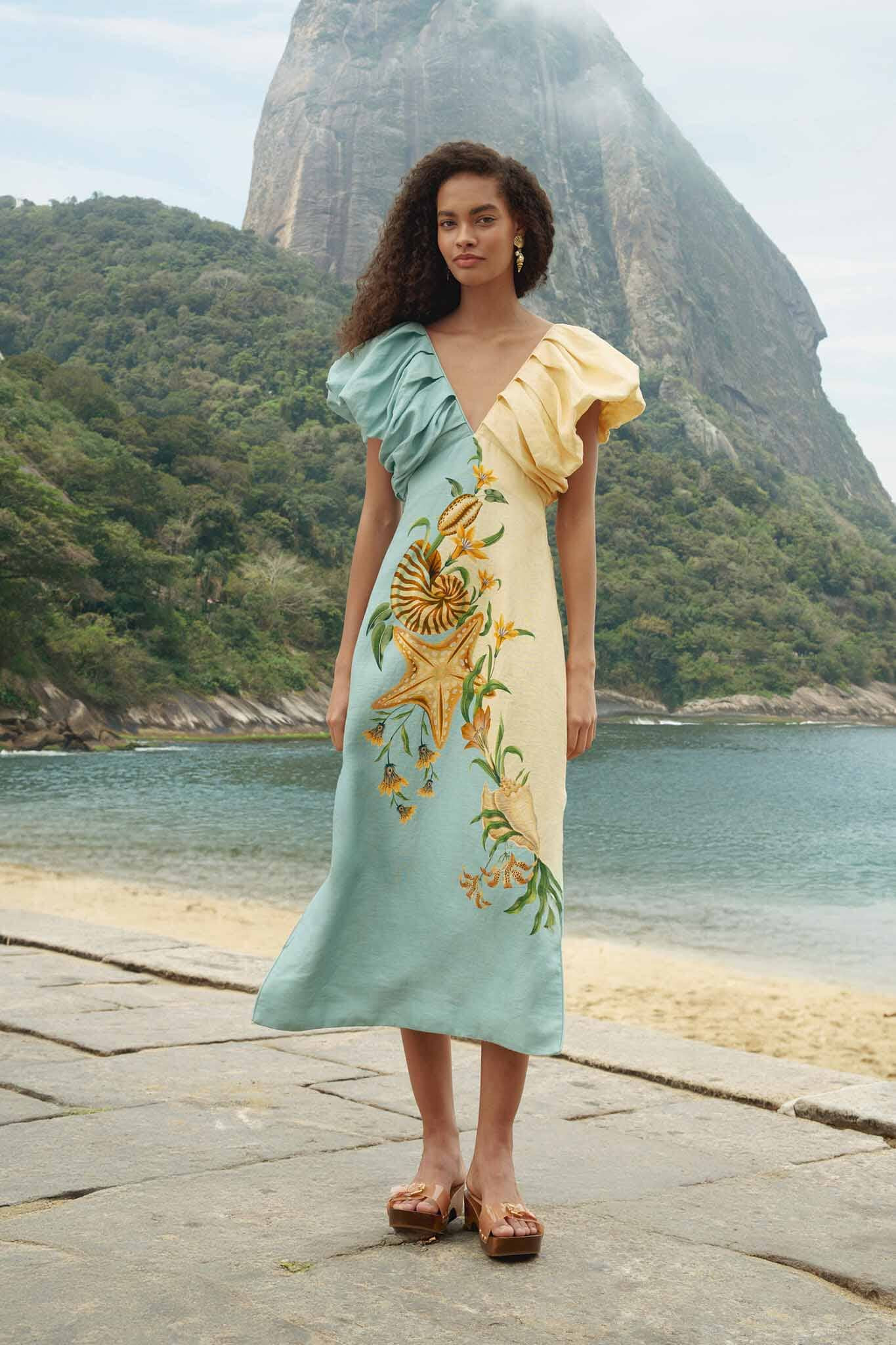 Bicolor Marine Garden Puff Sleeve Midi Dress | FarmRio (US)