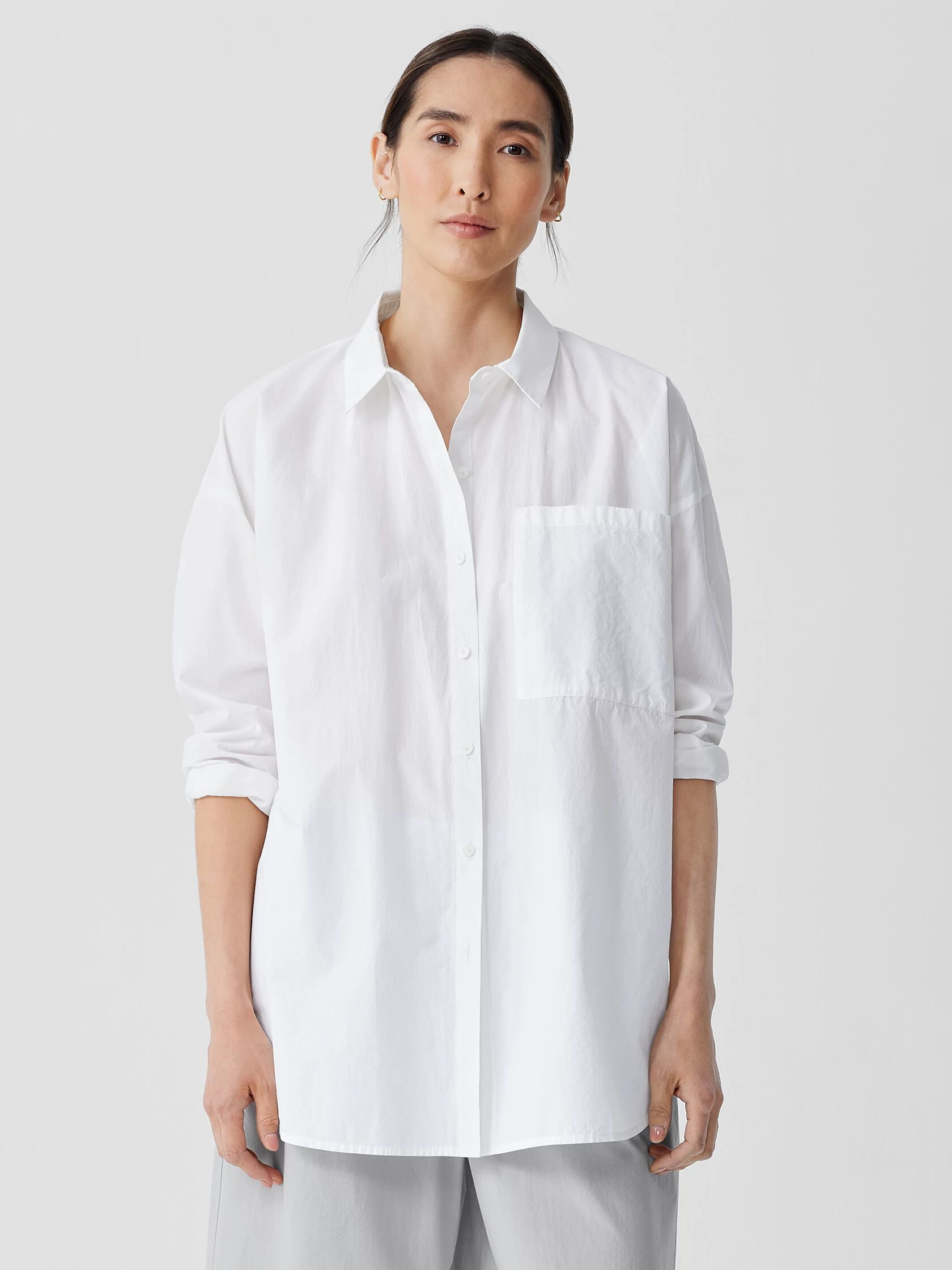 Washed Organic Cotton Poplin Classic Collar Long Shirt | Eileen Fisher