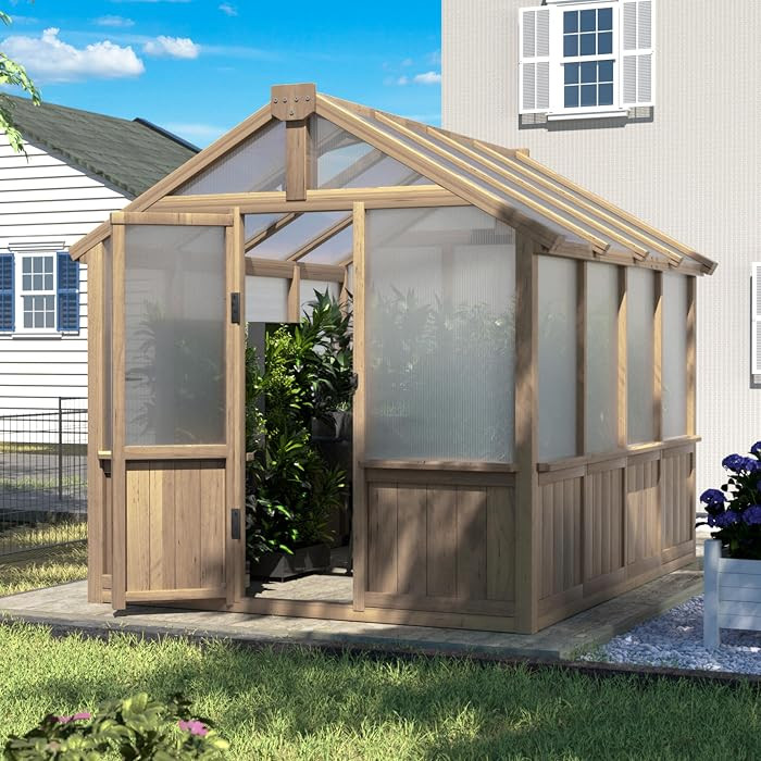 Yardenaler 6x8 FT Greenhouse Kit for Outdoor, 6MM Thick Polycarbonate Panel Wooden Walk-in Green House with Lockable Door and Adjustable Roof Vent, Backyard Garden, Light Mocha Brown | Amazon (US)