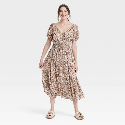 Women's Puff Short Sleeve Drop Tiered Midi A-Line Dress - Universal Thread™ | Target