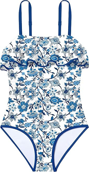 Girls Swimsuit One Piece Swimsuits Ruffle Solid Color Bathing Suit for Teens Contrast Trim Swimwe... | Amazon (US)