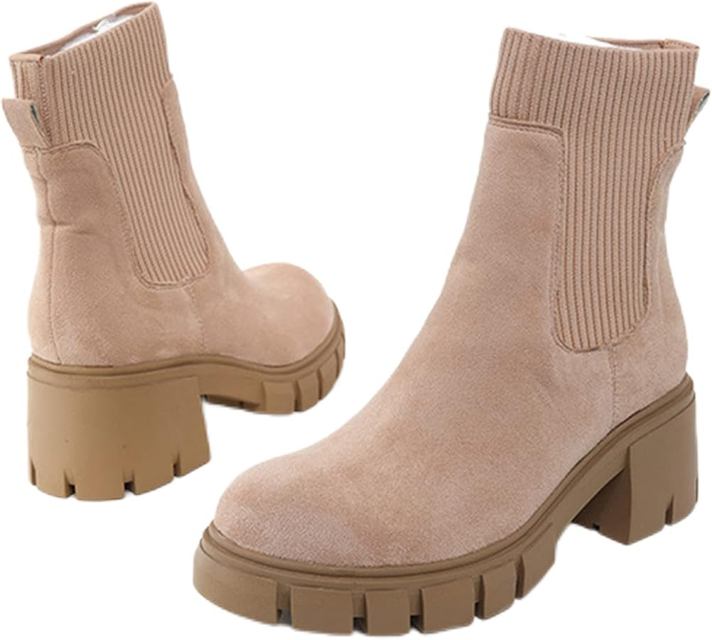 LELEBEAR Womens Lug Sole Platform Ankle Boots Elastic Chunky Comfortable Chelsea Booties | Amazon (US)