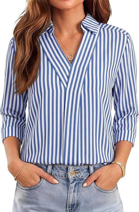 WIHOLL 3/4 Length Sleeve Womens Tops Dressy V Neck Collared Shirts Business Casual Work Blouses S... | Amazon (US)