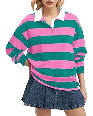 Women Long Sleeve Striped Polo Shirt Oversized Collar Y2k Pullover T Shirt Casual Loose Streetwea... | Amazon (US)