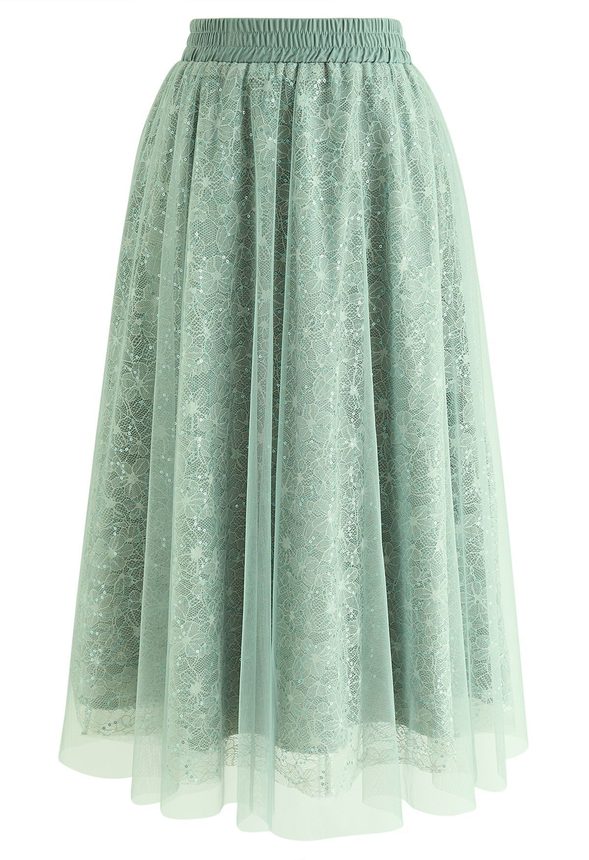 Sequined Floral Lace Mesh Tulle Skirt in Mint | Chicwish