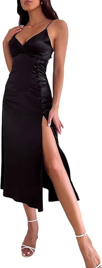 SheIn Women's Satin Slit Maxi Bodycon Dress Wrap V Neck Button Sleeveless Long Dresses | Amazon (CA)