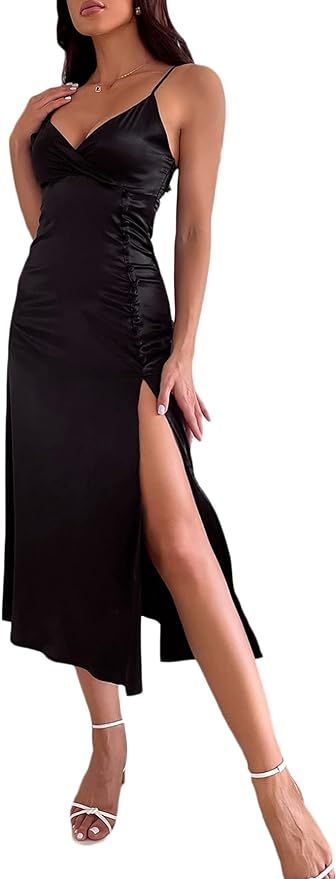 SheIn Women's Satin Slit Maxi Bodycon Dress Wrap V Neck Button Sleeveless Long Dresses | Amazon (CA)