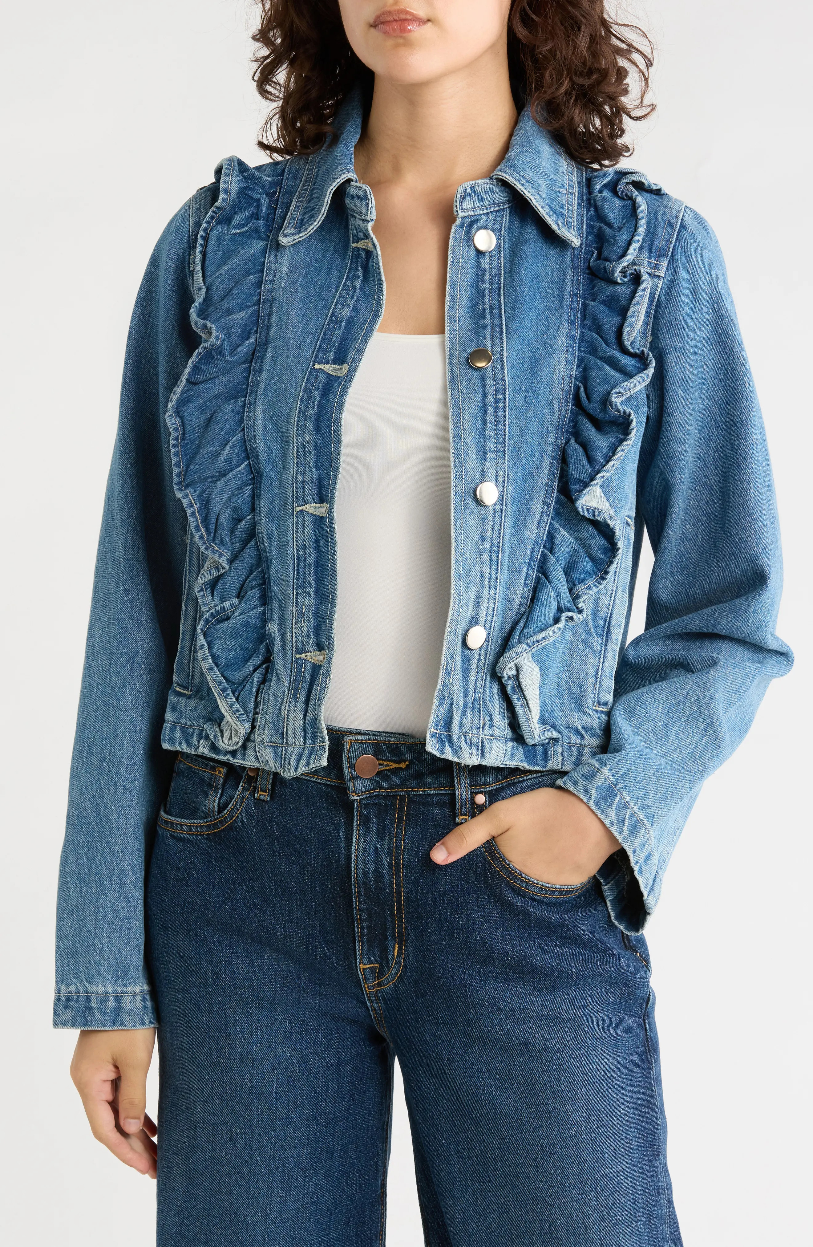 ELIE ELIE TAHARI Ruffle Denim Jacket (Women) | Nordstromrack | Nordstrom Rack