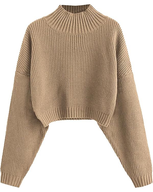 ZAFUL Women's Cropped Turtleneck Sweater Lantern Sleeve Ribbed Knit Pullover Sweater Jumper | Amazon (US)