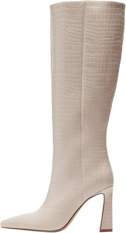 Women's Pointed Toe Knee High Boots, Crocodile Pattern High Heel Boots, Elegant Party Dress Boots | Amazon (US)