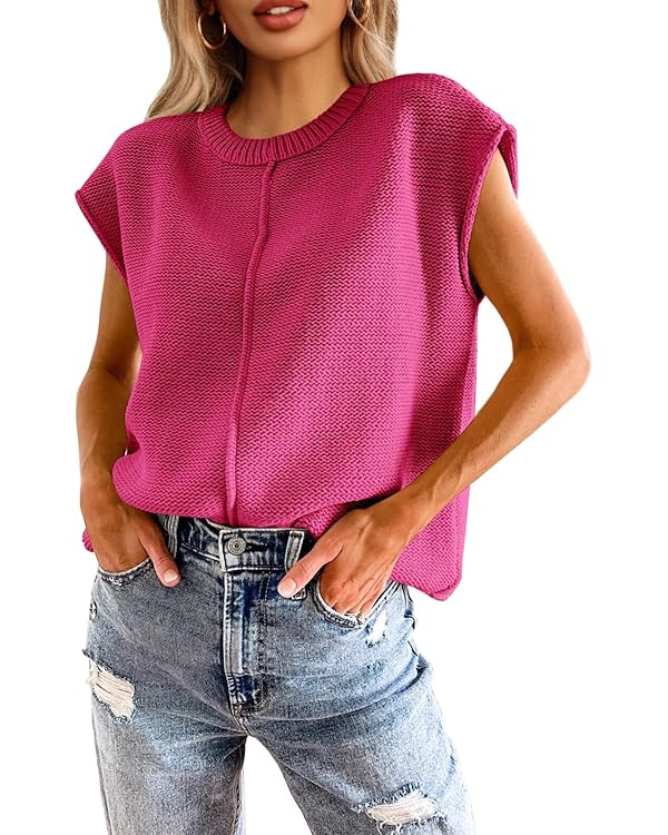 Saodimallsu Womens Summer Cap Sleeve Tops Casual Crew Neck Loose Fit Knit Lightweight Sweater Pul... | Amazon (US)