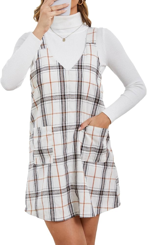 Milumia Women's Casual Plaid V Neck Sleeveless Overall Pinafore Dress with Pocket | Amazon (US)
