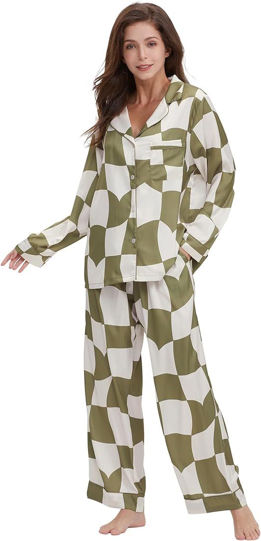 YiNi LuLu Womens Silk Satin Pajamas Set Button Down 2 Piece Pjs Long Sleeve Oversized Sleepwear w... | Amazon (US)