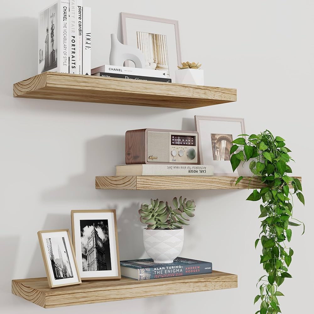 Floating Shelves, 17 Inch Wall Shelf Set of 3, Rustic Wood Shelves for Wall Storage, Wall Mounted... | Amazon (US)
